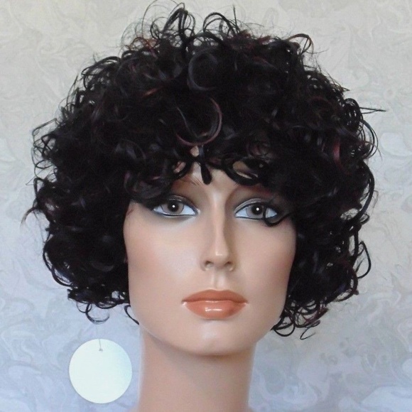 Short Curly Black Brown Highlighted Heat OK Wig main image 5